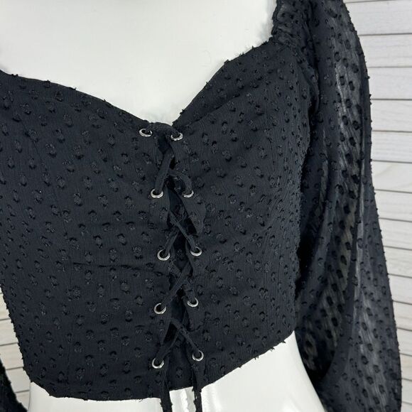 Aeropostale Clip Dot‎ Lace Up Off The Shoulder Crop Top Black Medium Sheer - Picture 7 of 14